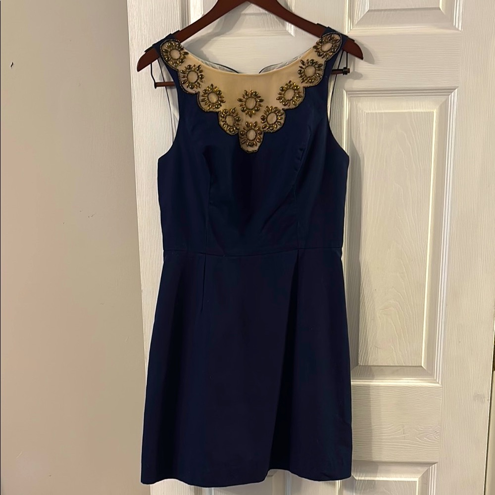 Lilly Pulitzer Blue and Gold Embellished A-Line Dress